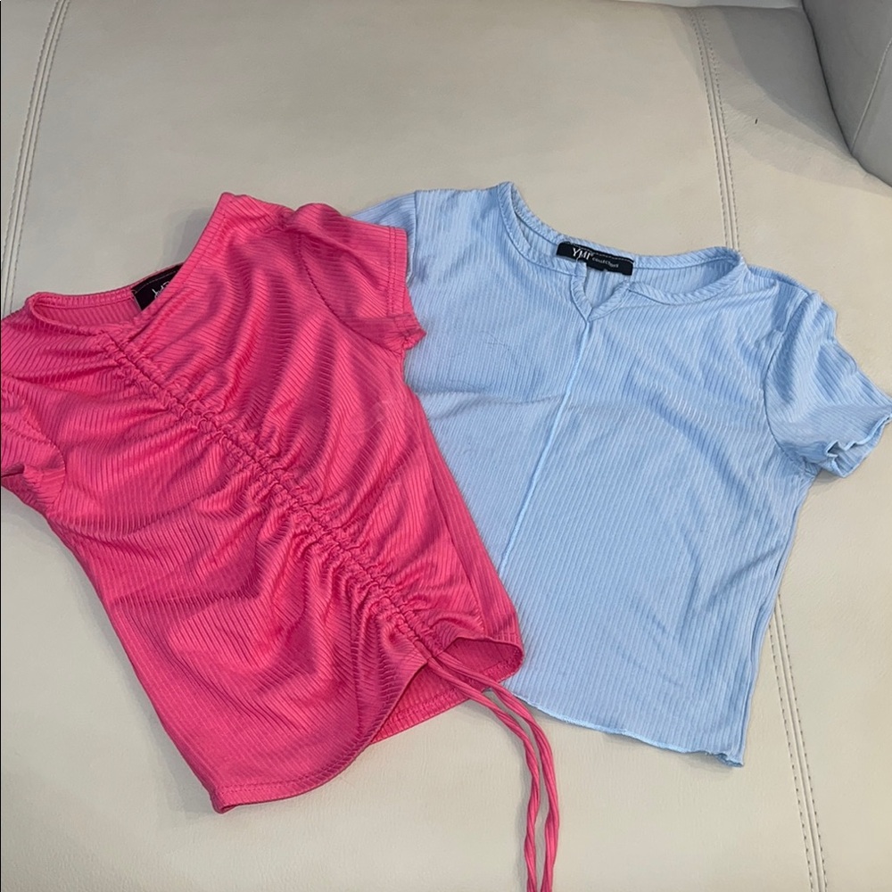 Pink and Blue Short Sleeve Tees with Ruched Detail